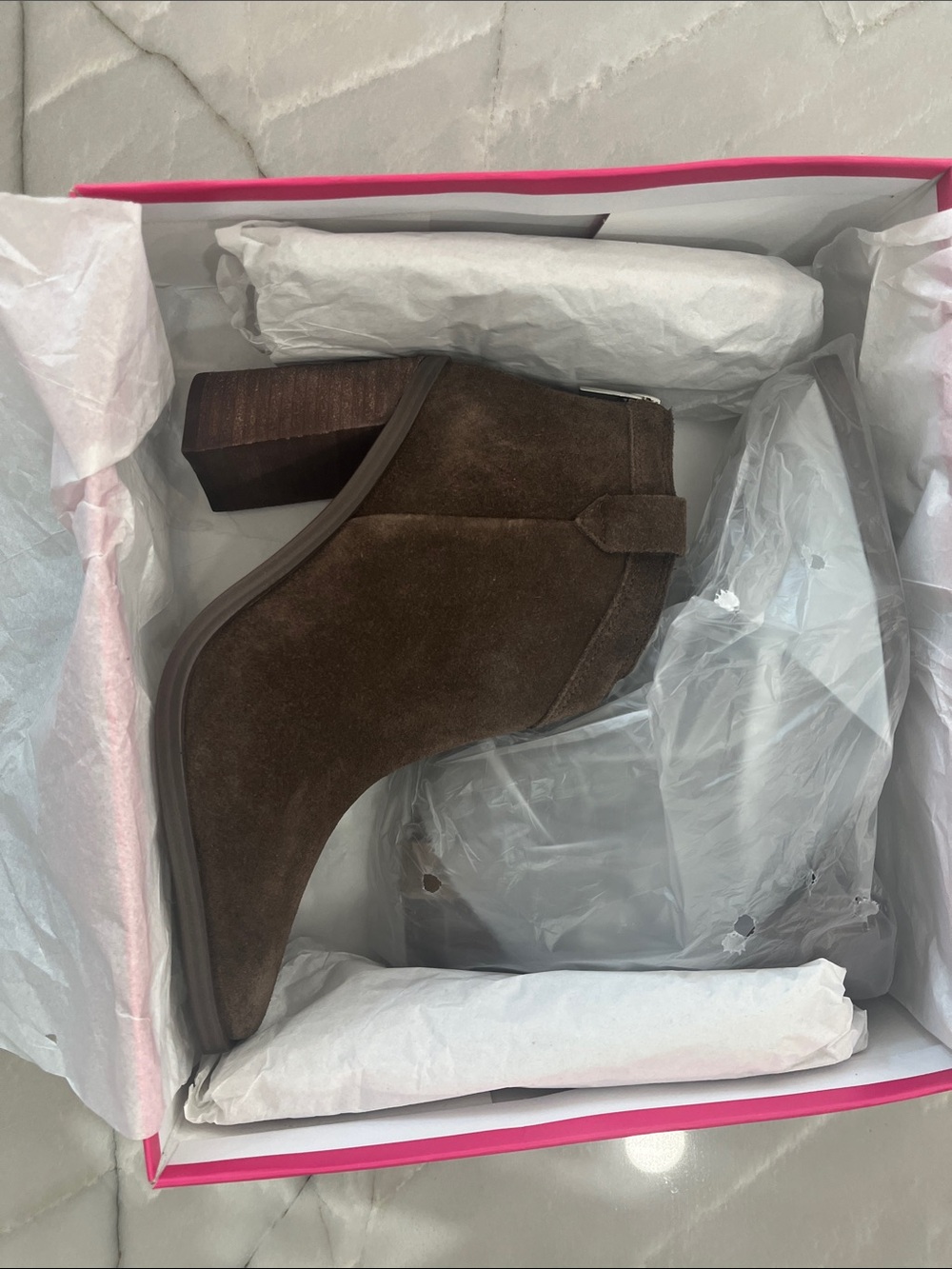 Vince Camuto Dark Brown Suede Ankle Bootie with Block Heel